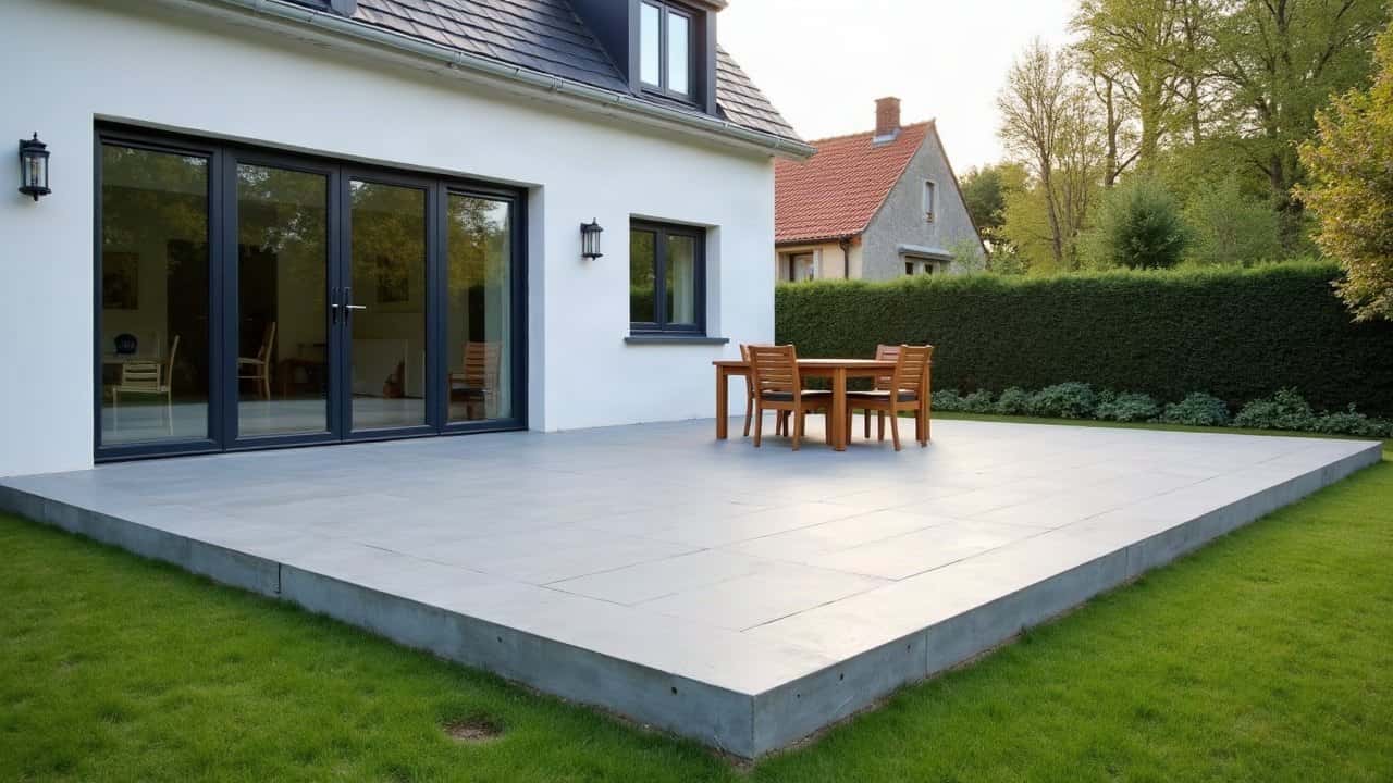 Dalle de terrasse en béton terminée devant une maison enduite, surface lisse et bord net au ras de la pelouse