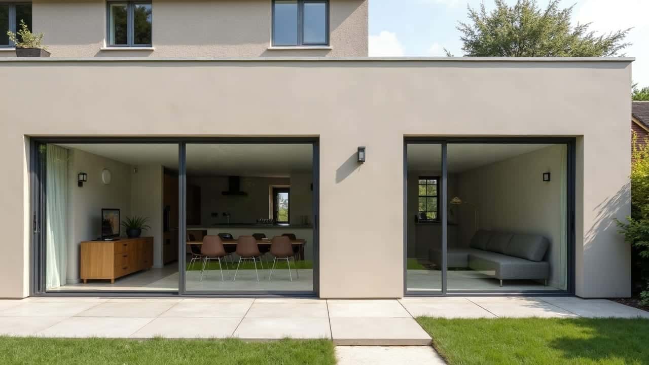 Extension maçonnée achevée, enduit fini et large baie vitrée sur terrasse béton
