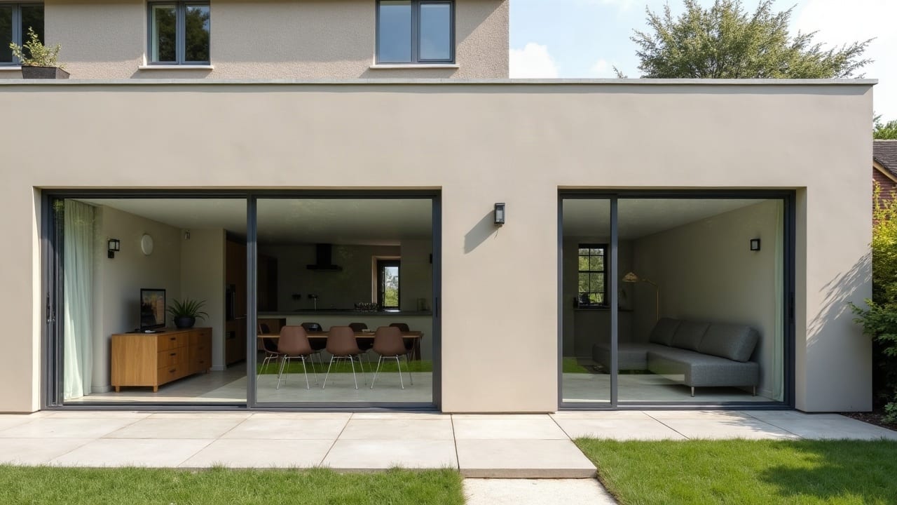 Extension maçonnée achevée, enduit fini et large baie vitrée sur terrasse béton