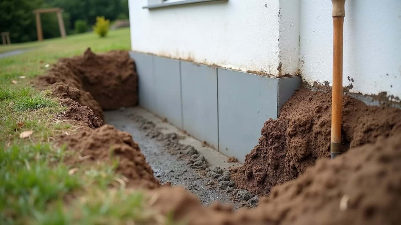 Fouille ouverte au pied du mur d'une maison enduite : la fondation dégagée avant la reprise en sous-œuvre