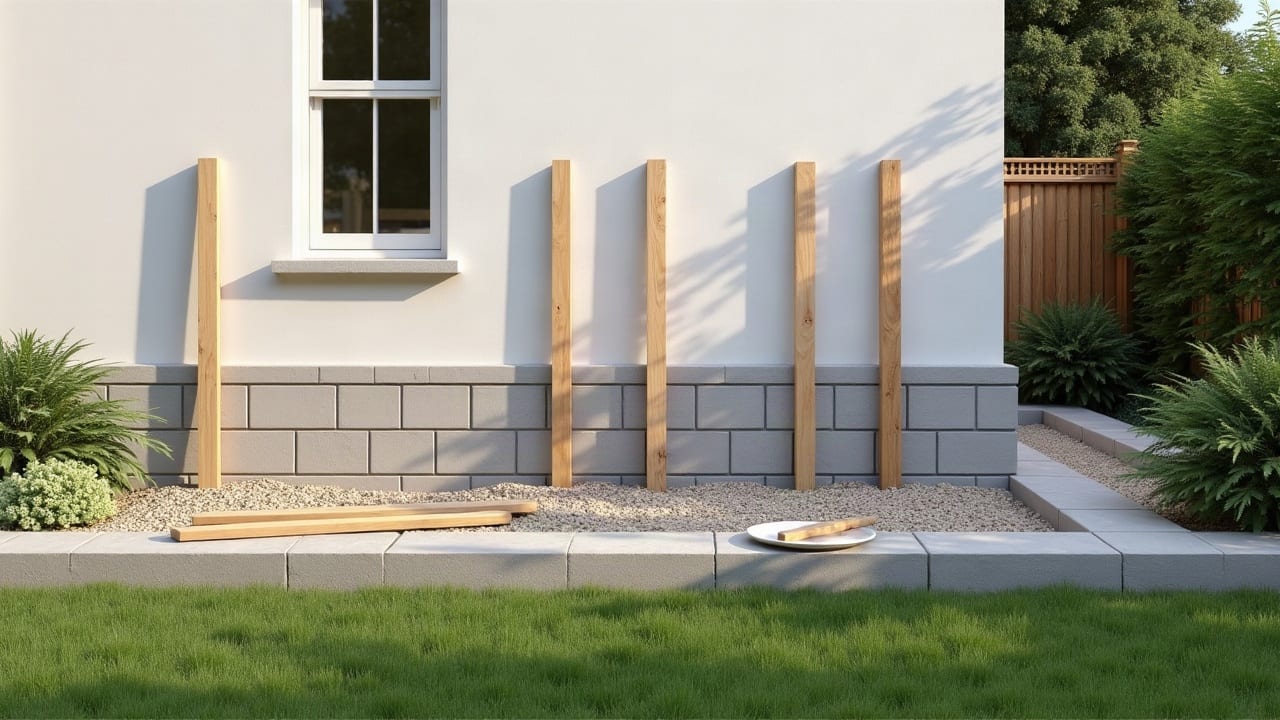 Étaiement bois contre un mur repris en sous-œuvre, soubassement en blocs béton