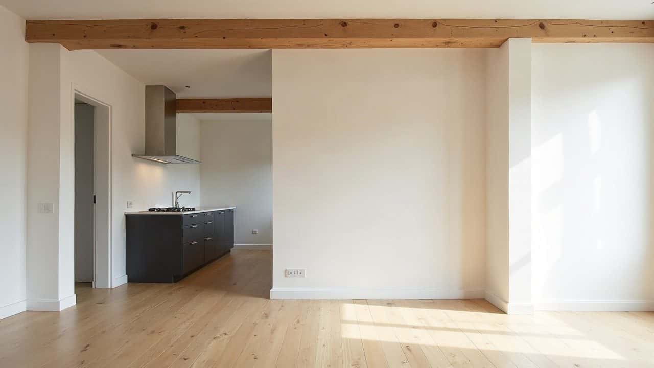 Large ouverture créée dans un mur porteur entre séjour et cuisine, poutre visible, parquet clair