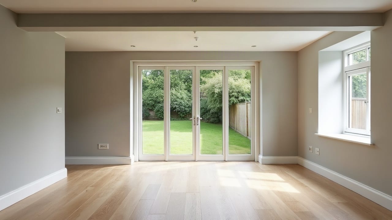 Ouverture achevée sous retombée droite entre deux pièces, parquet continu et baie sur le jardin