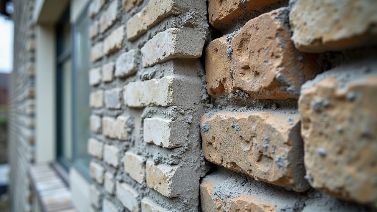 Mur en moellon à moitié rejointoyé, pierre ancienne et mortier frais